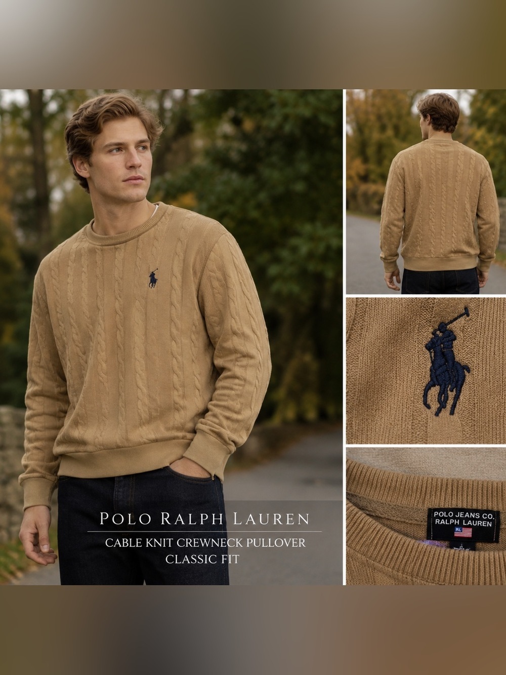 Vintage Polo Jeans Co Ralph Lauren Cable Knit Crewneck Pullover Tan